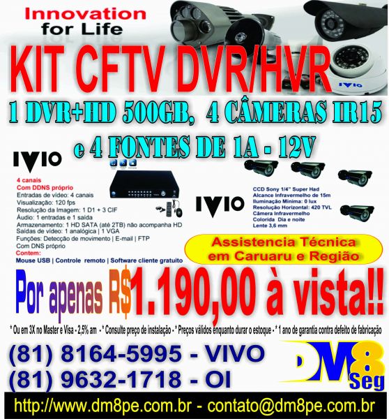 KIT CFTV - - 1 DVR IVIO, 4 CAMERAS IR15, HD, BALUNS E FONTES